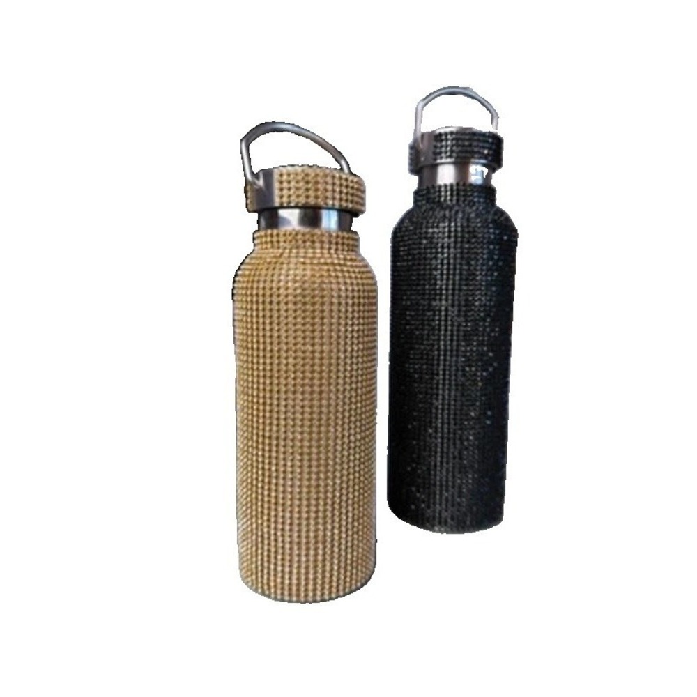 2 TOMO Rhinestone Insulated Stainless Steel Water Bottles Black Gold Bling
